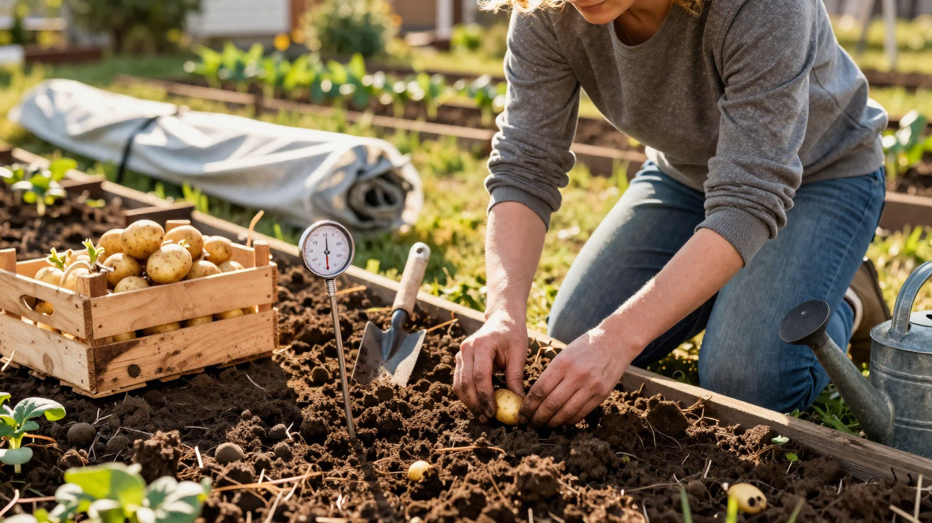 Personne plantant des pommes de terre dans un jardin potager avec une caisse et un arrosoir à côté.