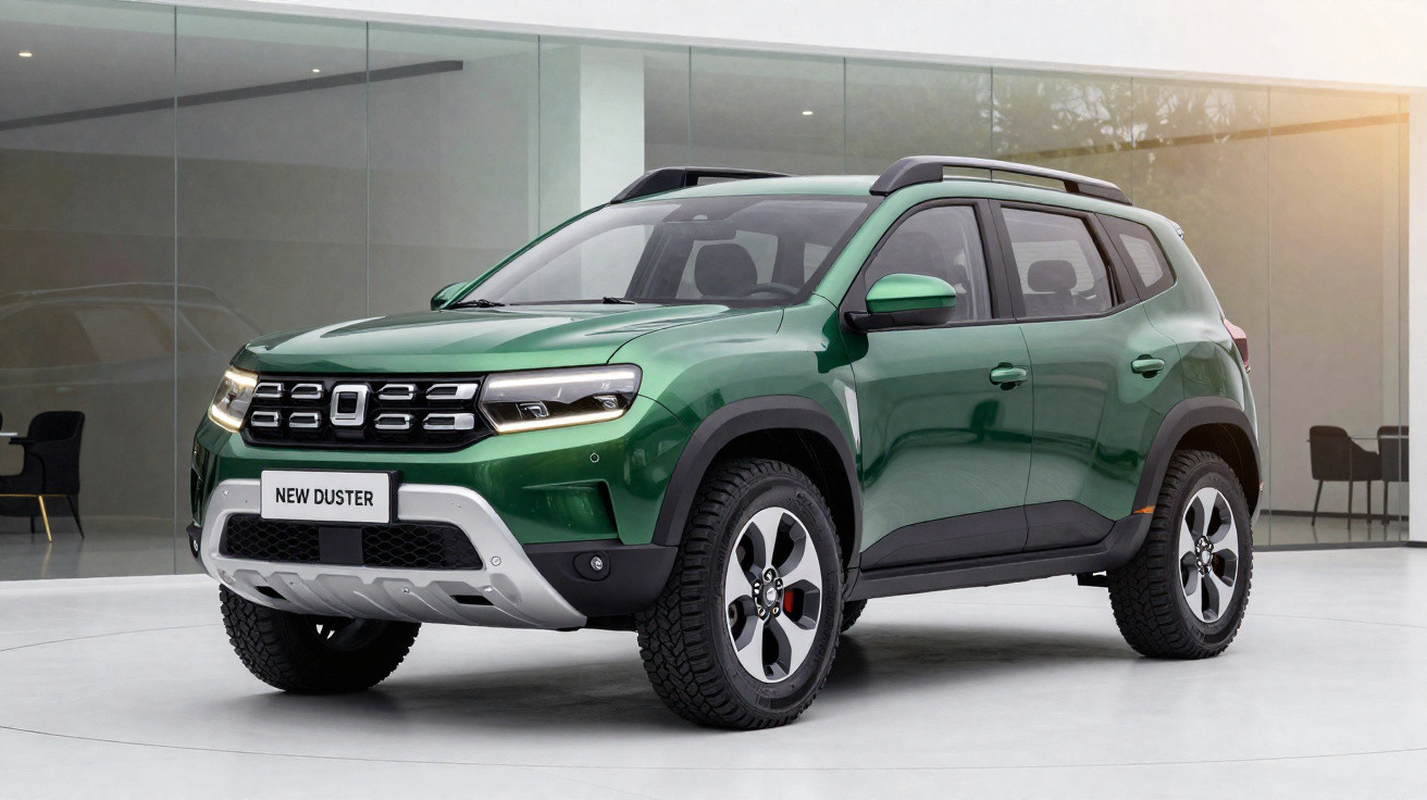 SUV vert Dacia New Duster garé dans un espace moderne lumineux avec des chaises en arrière-plan.