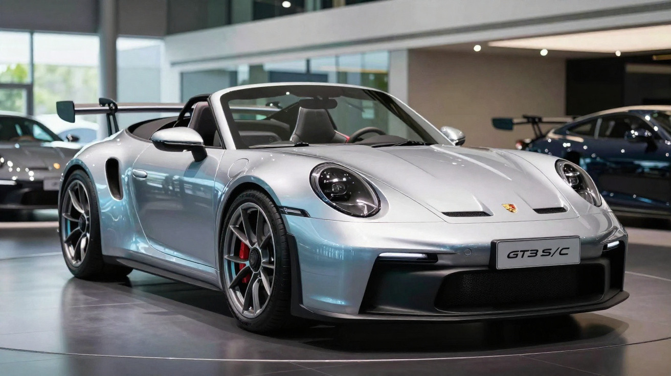 Voiture de sport cabriolet Porsche GT3 S/C argent dans un showroom moderne avec éclairage naturel.