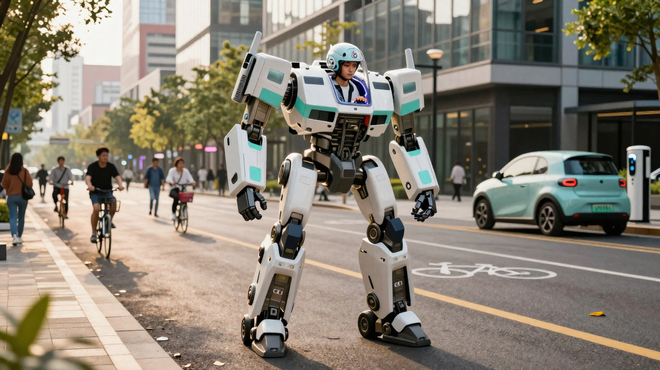 Personne déguisée en robot futuriste dans une rue urbaine animée avec des cyclistes et une voiture électrique.
