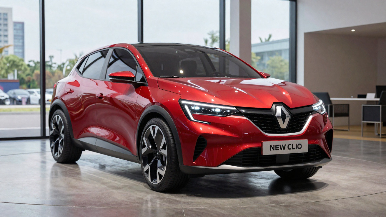 Voiture rouge Renault New Clio exposée dans un showroom moderne avec de grandes baies vitrées.