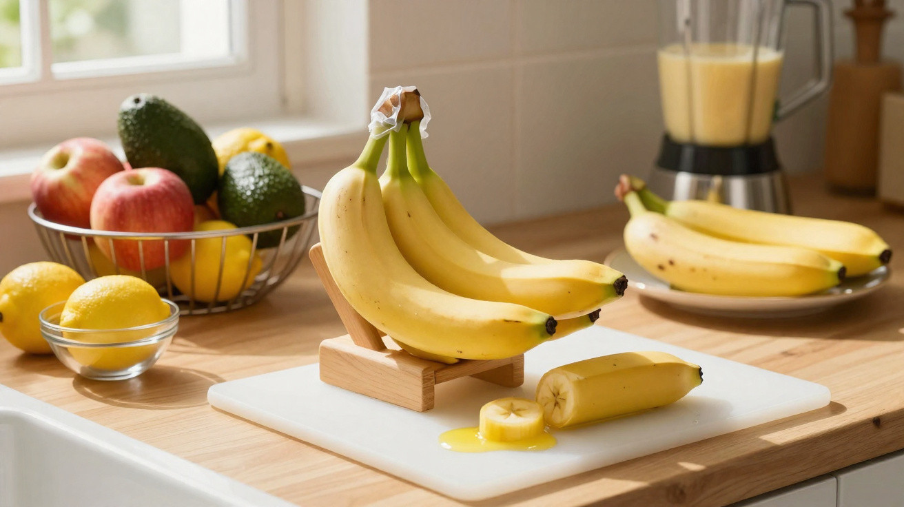 Bananes jaunes sur un support en bois, une coupée avec du jus, à côté d’autres fruits sur un plan de travail.