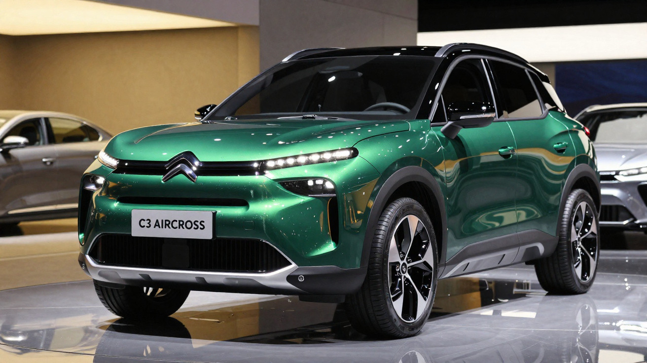 Citroën C3 Aircross vert métallisé exposée en intérieur, SUV compact avec détails noirs et jantes 5 branches.