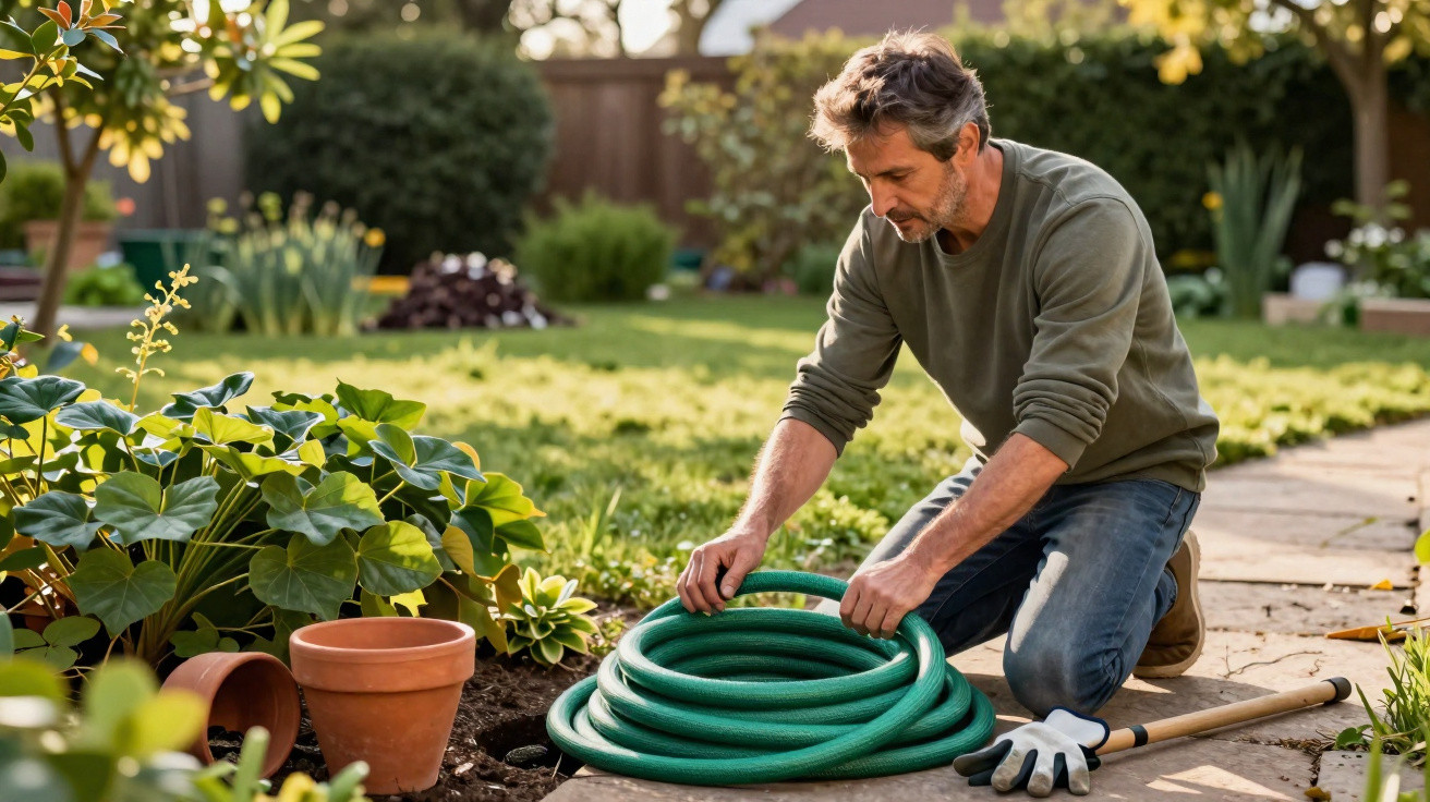 Homme replie un tuyau d’arrosage dans un jardin ensoleillé, entouré de plantes et outils de jardinage.