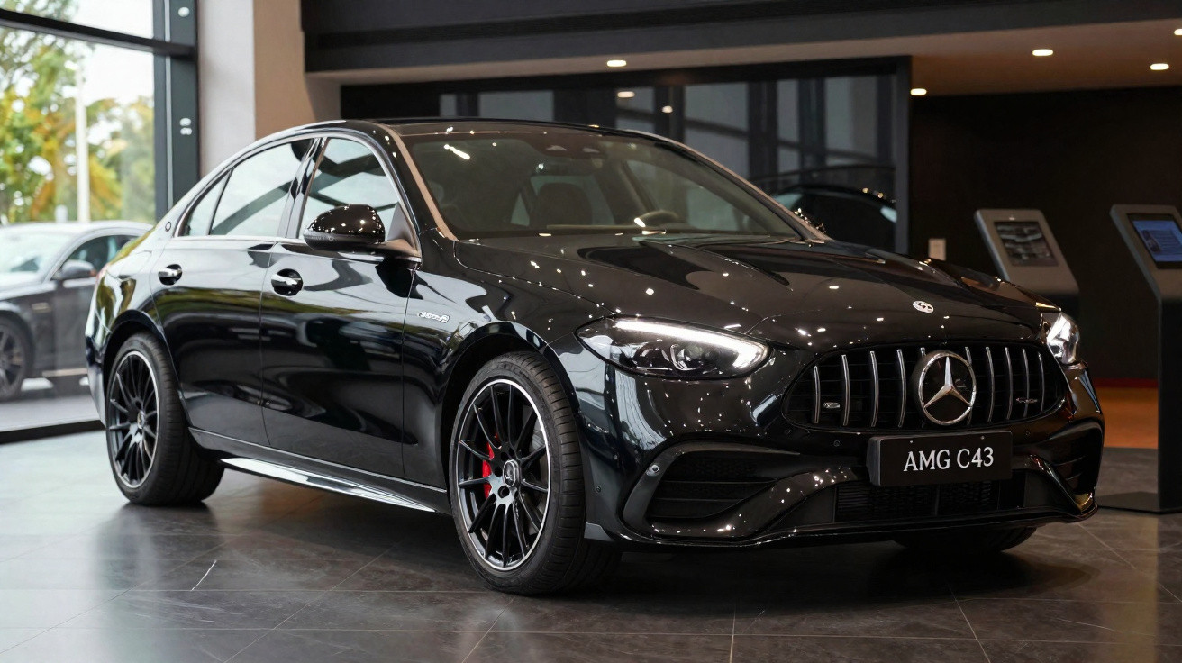 Mercedes AMG C43 noire brillante exposée dans un showroom moderne avec roues sportives et calandre distinctive.