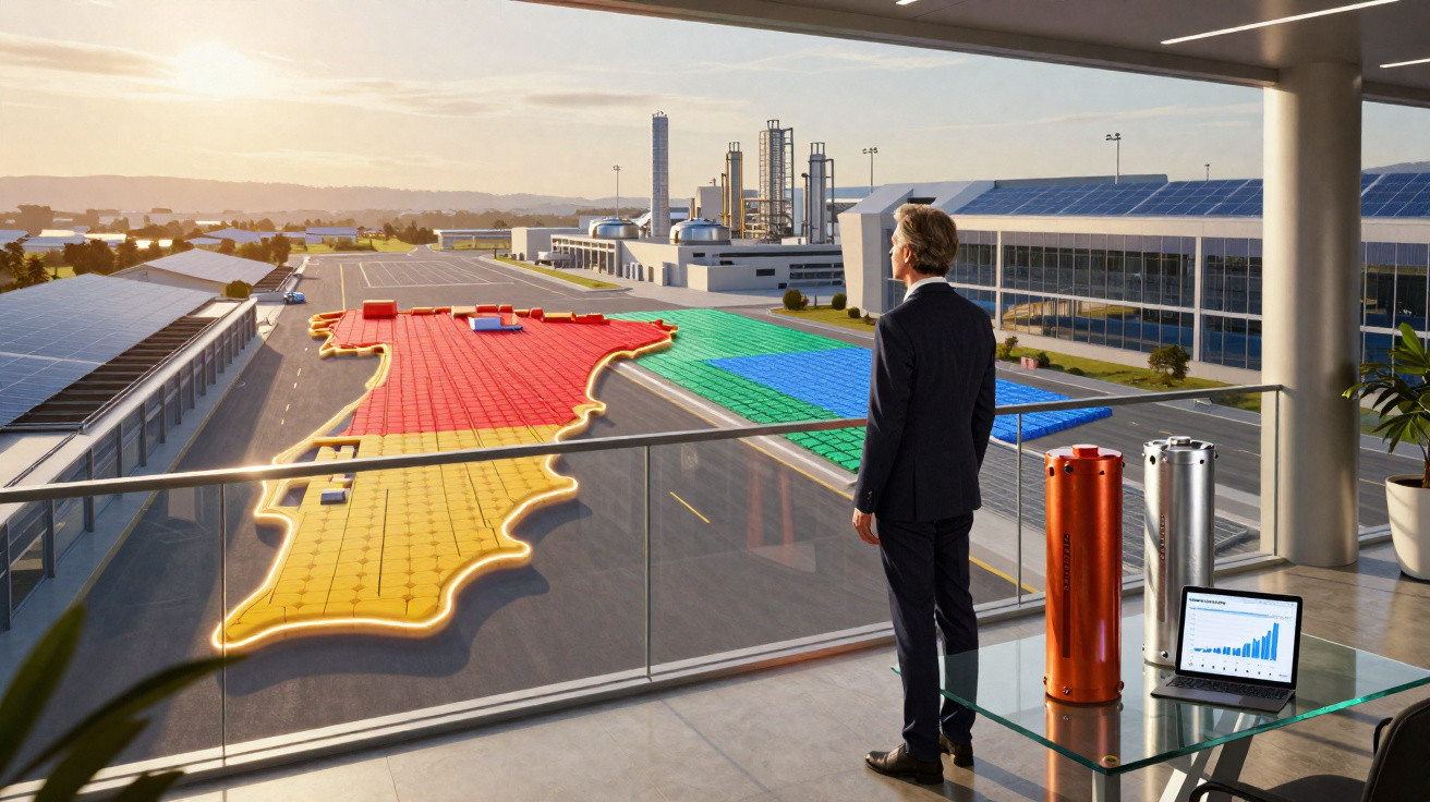 Homme d'affaires regarde une carte lumineuse de la France dans une usine moderne avec panneaux solaires.