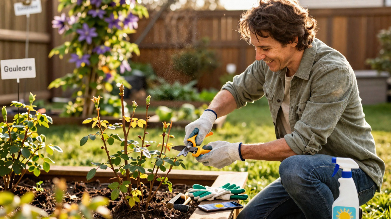 Homme souriant taillant des plantes dans un jardin ensoleillé avec des outils de jardinage à proximité.