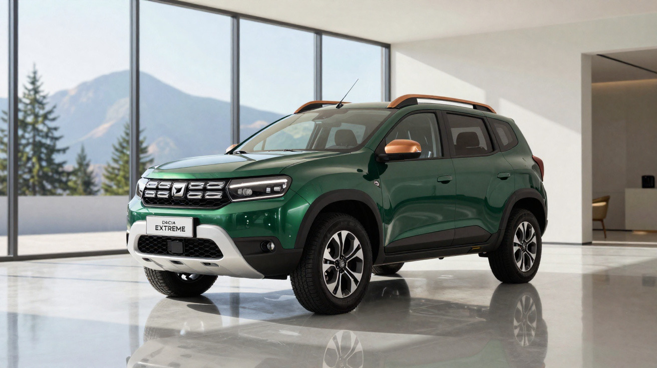 SUV Dacia Extreme vert et orange stationné dans un showroom moderne avec vue sur la montagne.