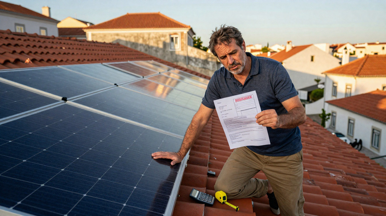 Homme sur un toit avec panneaux solaires, tenant une facture et appareil de mesure à côté de lui.