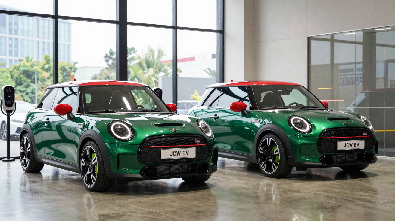Deux voitures Mini JCW EV vertes avec toit et rétroviseurs rouges dans un showroom moderne.