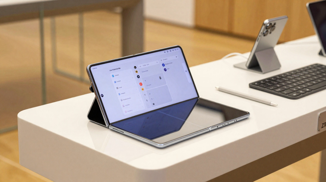 Tablette pliable ouverte en mode ordinateur portable posée sur une table blanche avec stylet tactile à côté.