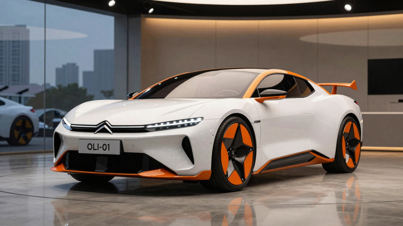 Voiture de sport blanche et orange Citroën OLI-01 exposée dans un showroom moderne.