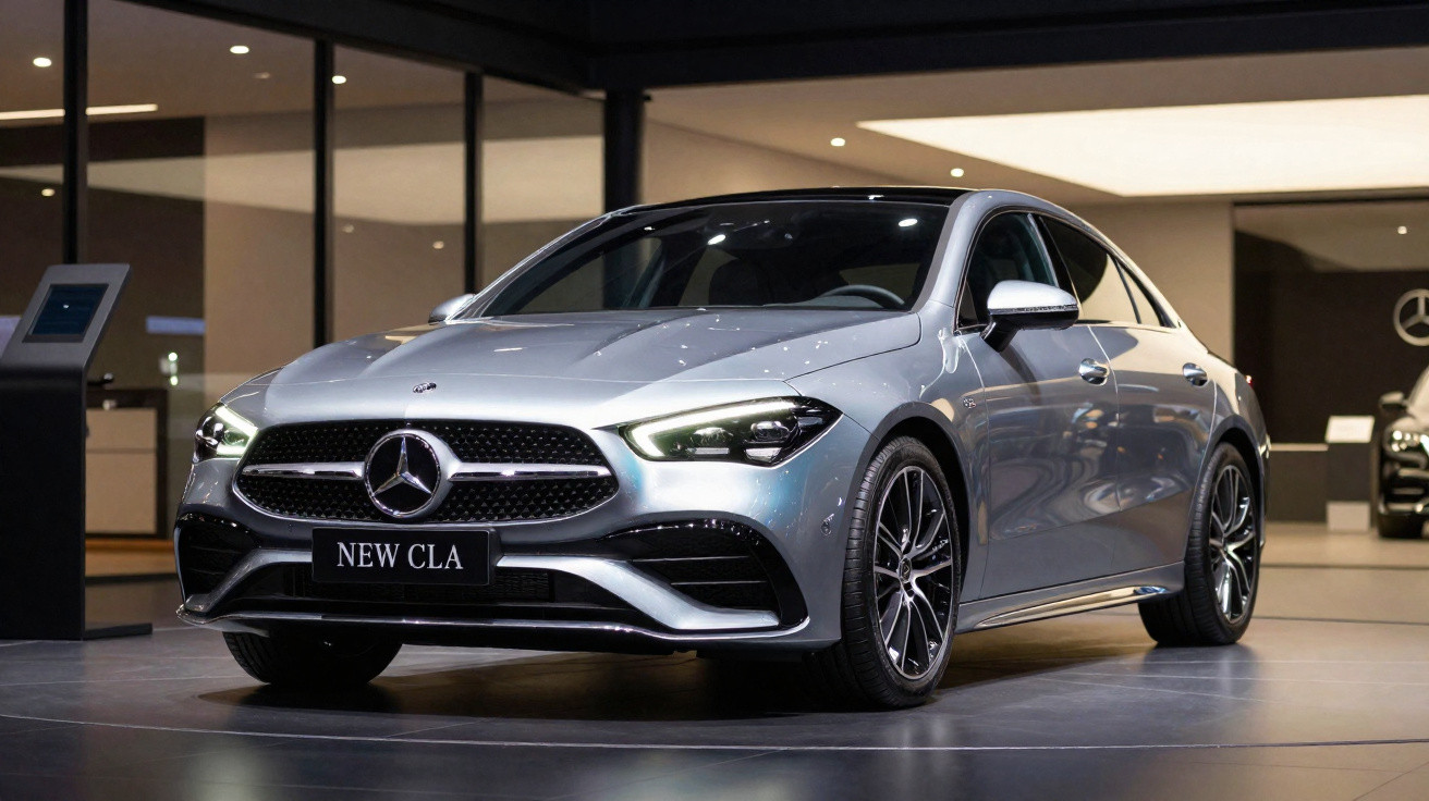Voiture berline Mercedes-Benz New CLA grise exposée en intérieur avec éclairage moderne et roues sport.