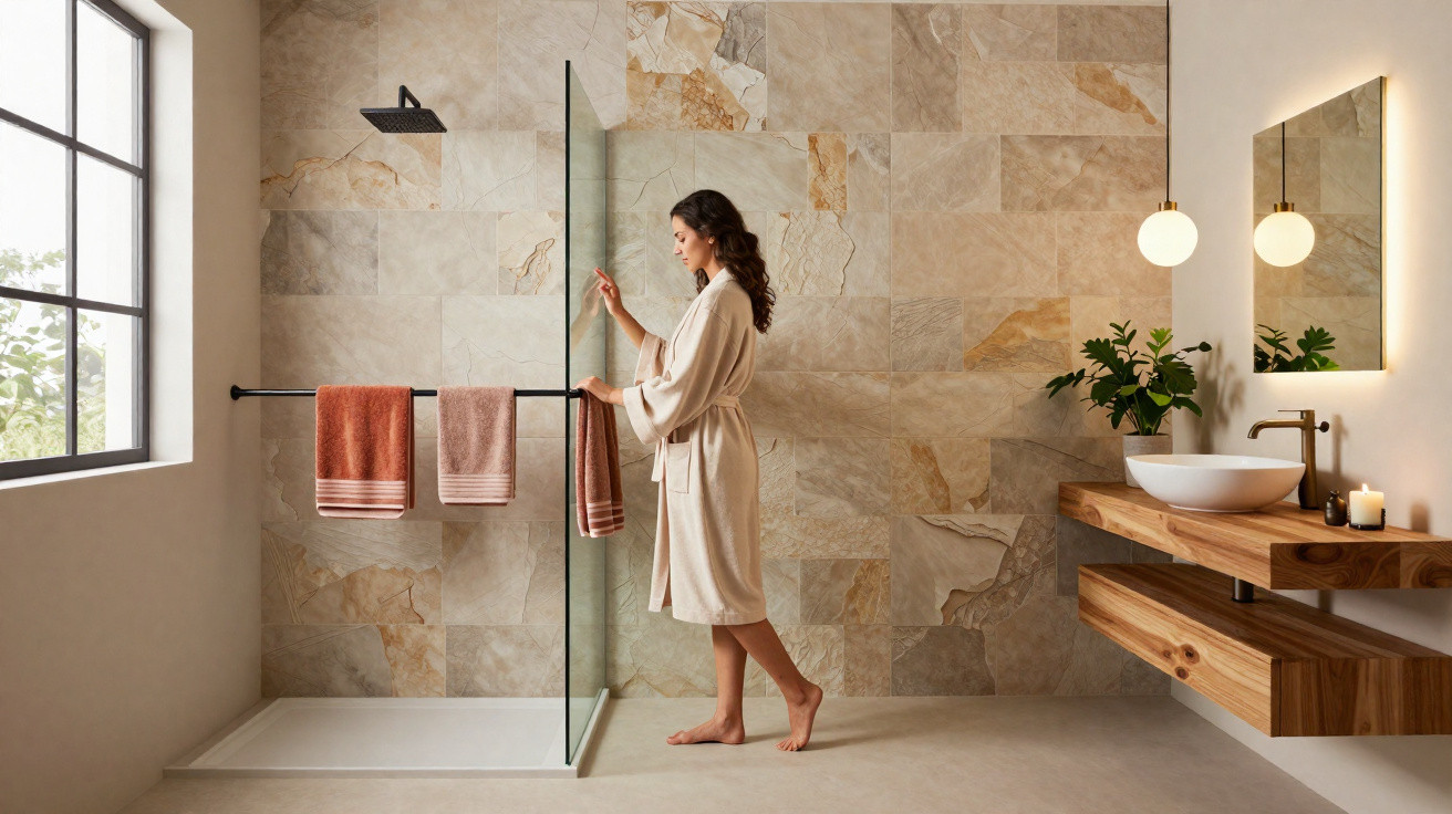 Femme en peignoir ouvrant une cabine de douche en verre dans une salle de bain moderne et lumineuse.