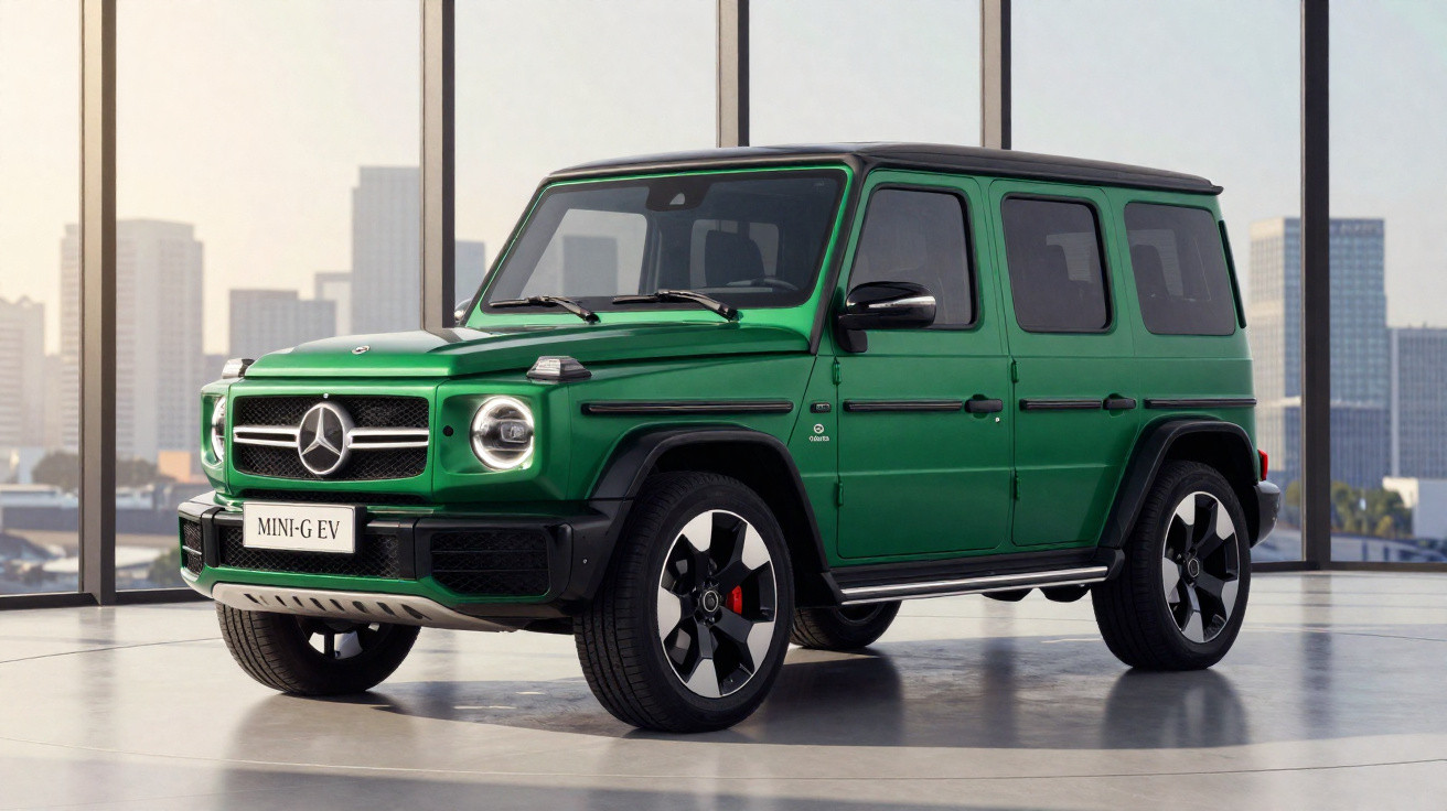 Mercedes-Benz G-Class électrique verte stationnée devant une grande baie vitrée avec vue urbaine.