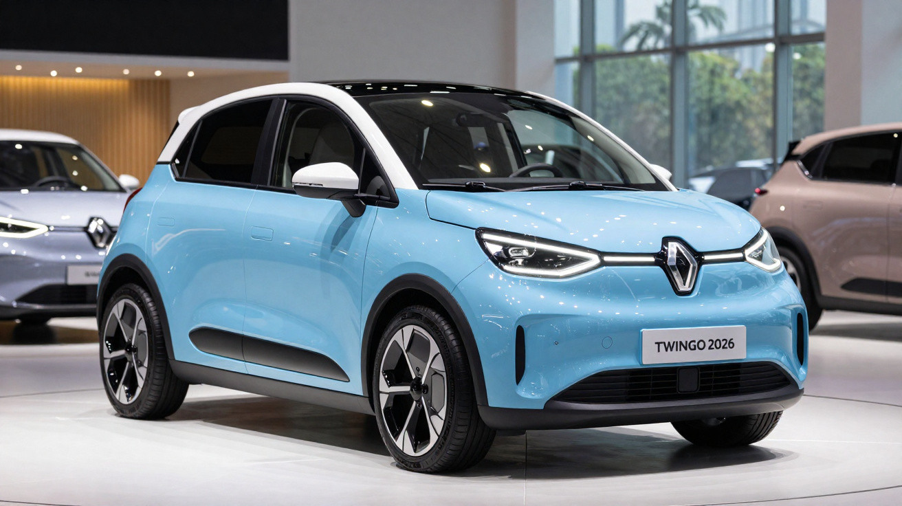Voiture compacte électrique Renault Twingo 2026 bleu clair exposée en intérieur moderne.