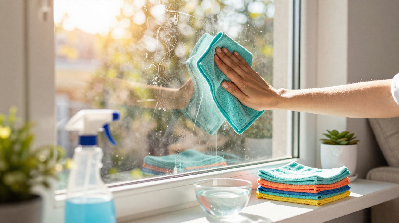 Main nettoyant une vitre ensoleillée avec un chiffon bleu, produits de nettoyage sur le rebord de fenêtre.