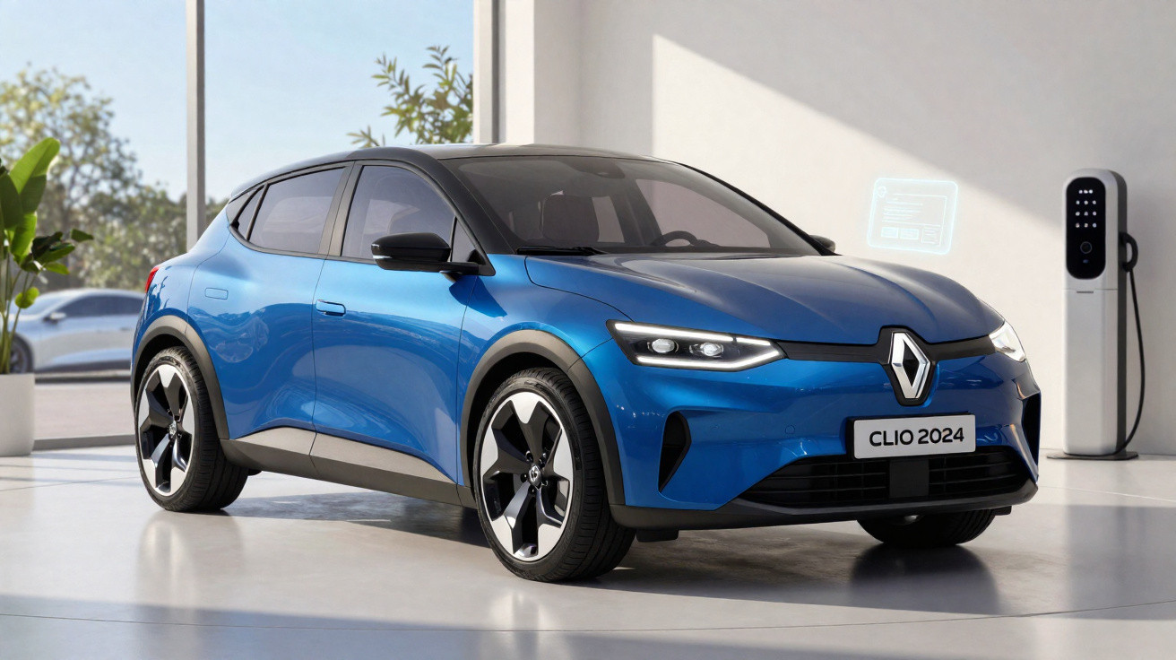 Voiture électrique Renault Clio 2024 bleue stationnée à côté d'une borne de recharge dans un showroom lumineux.