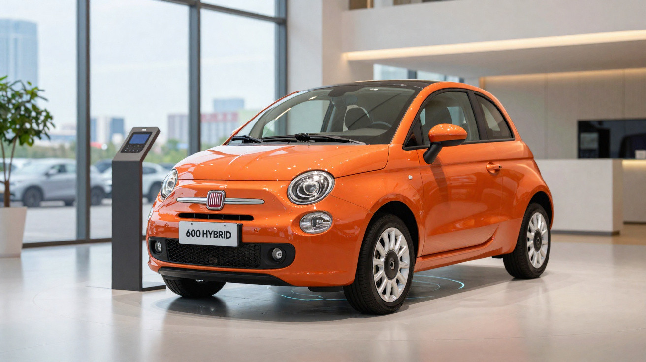 Voiture orange Fiat 600 Hybrid exposée dans un showroom moderne avec sol brillant et grande baie vitrée.