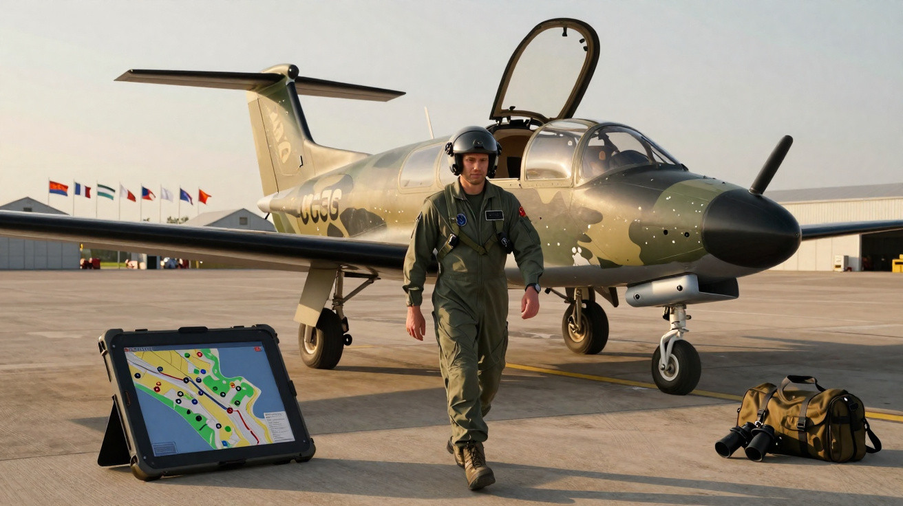Pilote militaire en tenue sort d'un avion de chasse camouflé sur un tarmac avec cartes et jumelles au sol.
