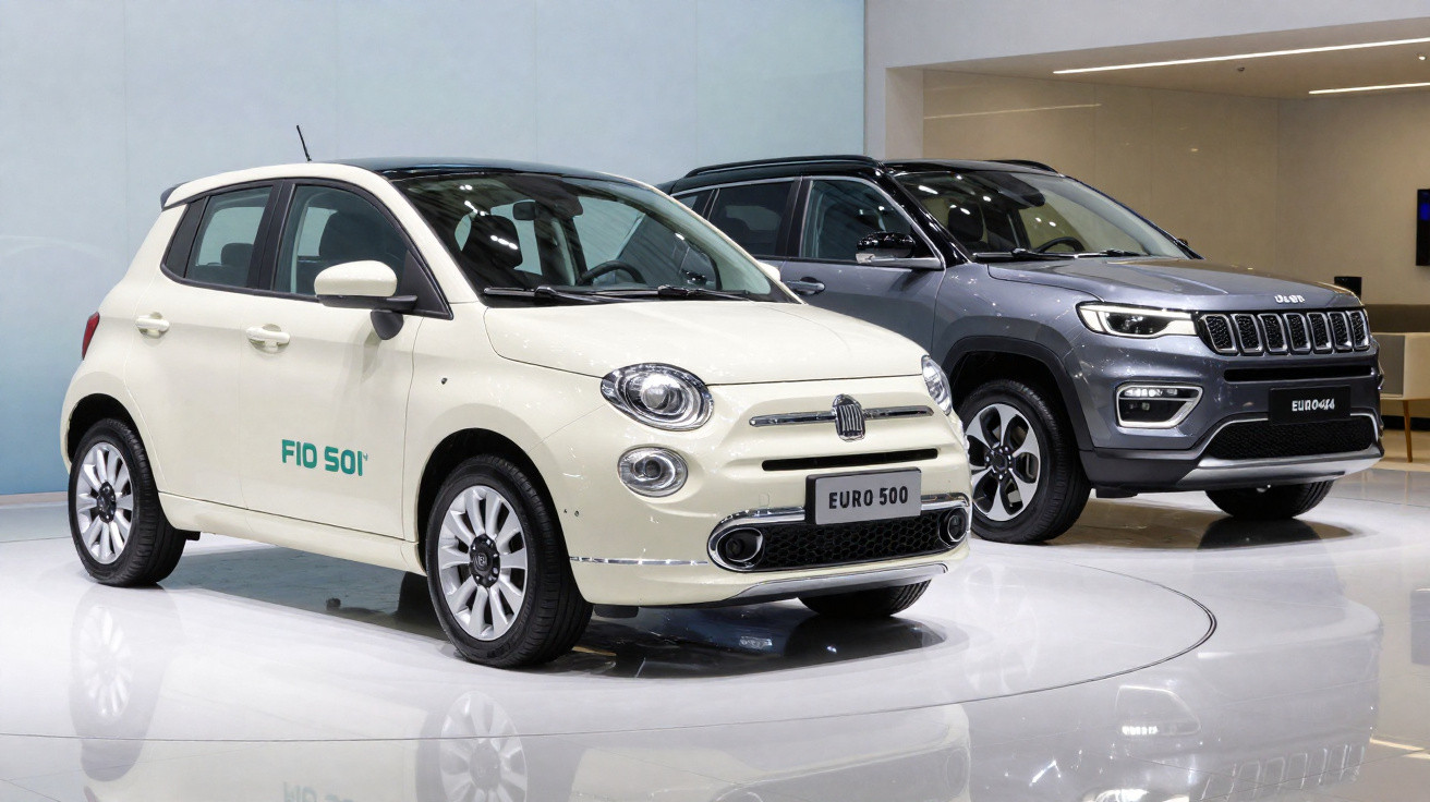 Voitures Fiat 500 et Jeep Euro 500 exposées dans un showroom lumineux avec sol blanc brillant.