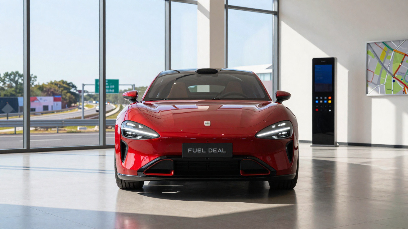 Voiture de sport rouge brillante vue de face dans un showroom lumineux avec grandes baies vitrées.