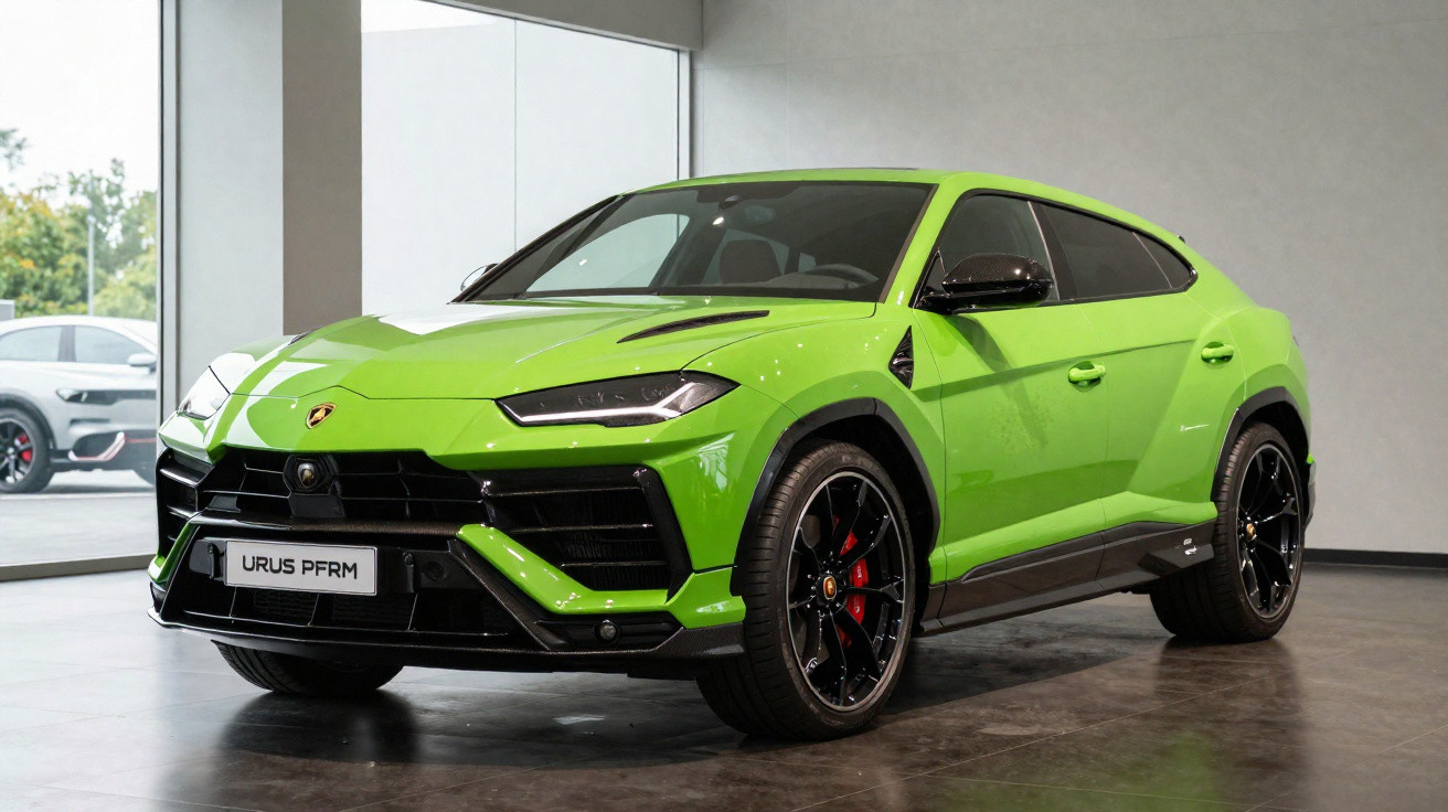 Lamborghini Urus PFRM vert vif exposée en intérieur avec des jantes noires et des freins rouges.