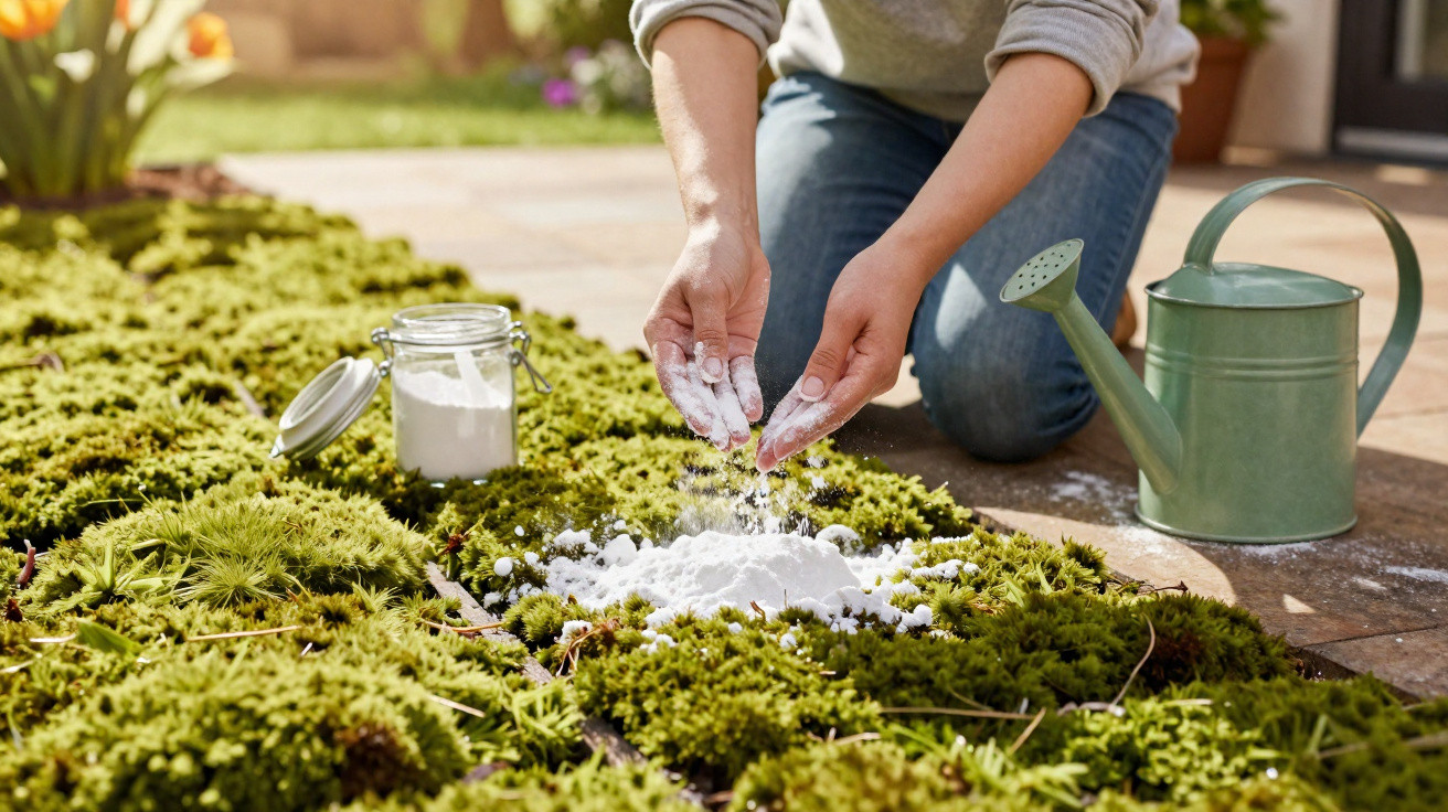 Personne saupoudrant une poudre blanche sur un tapis de mousse verte dans un jardin en plein jour.