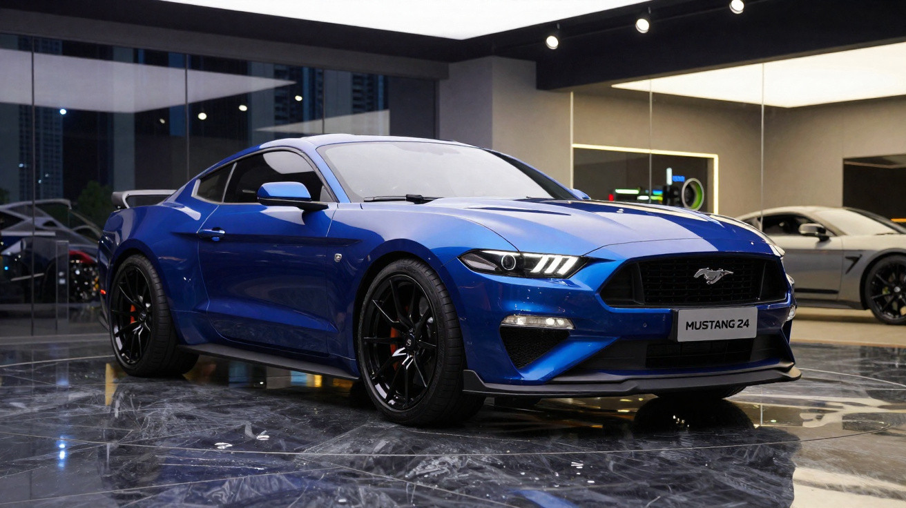 Voiture sportive bleue Ford Mustang garée dans un showroom moderne avec sol en marbre noir.