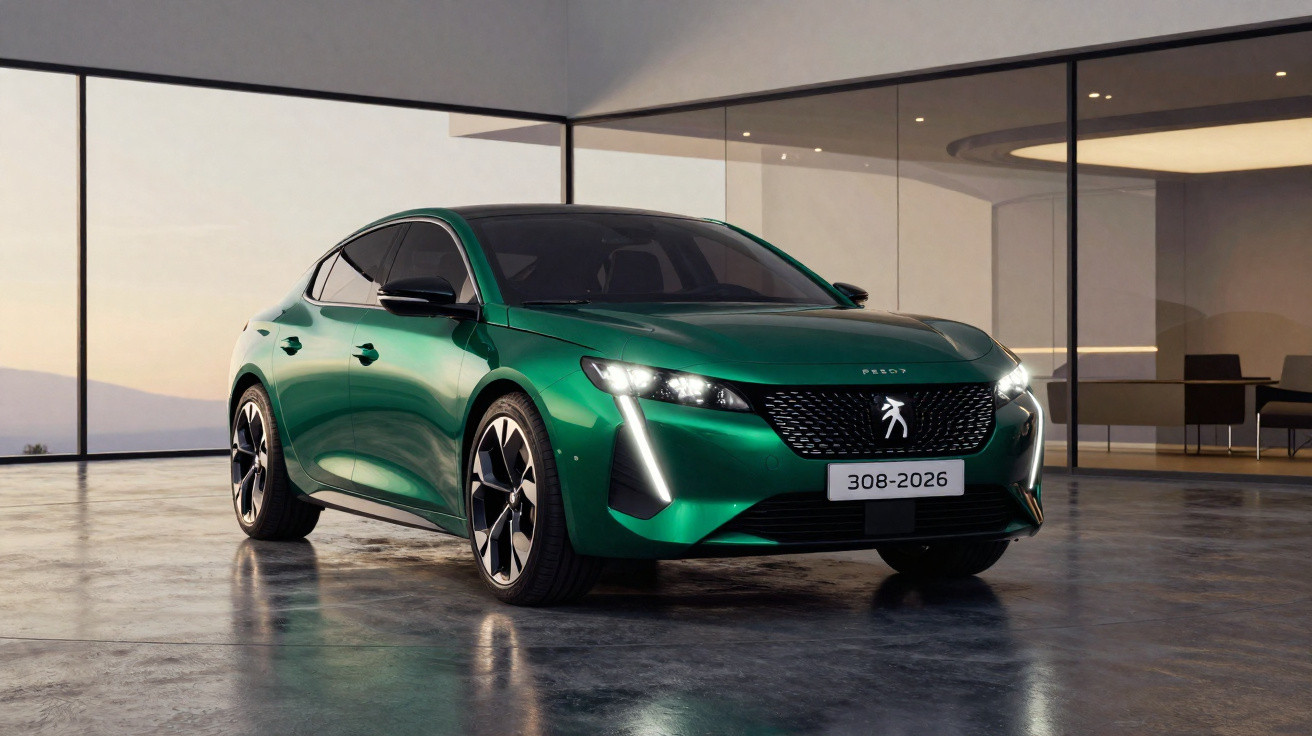 Voiture Peugeot 308 verte métallisée garée dans un showroom contemporain avec grandes baies vitrées.