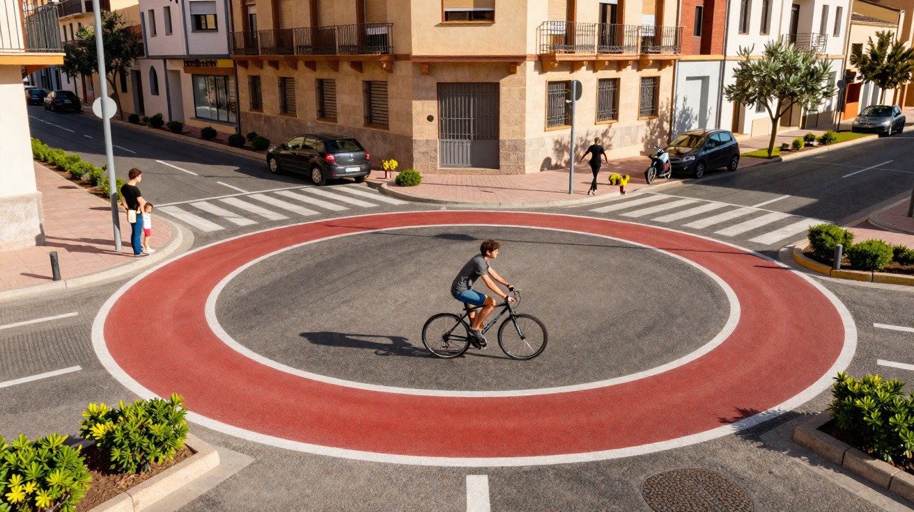 Jeune homme à vélo traversant un rond-point coloré rouge en plein centre d'un quartier résidentiel urbain.