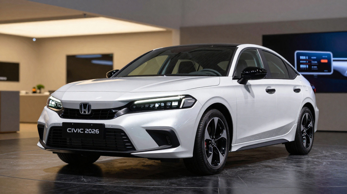 Voiture Honda Civic 2026 blanche exposée en showroom avec éclairage LED moderne.