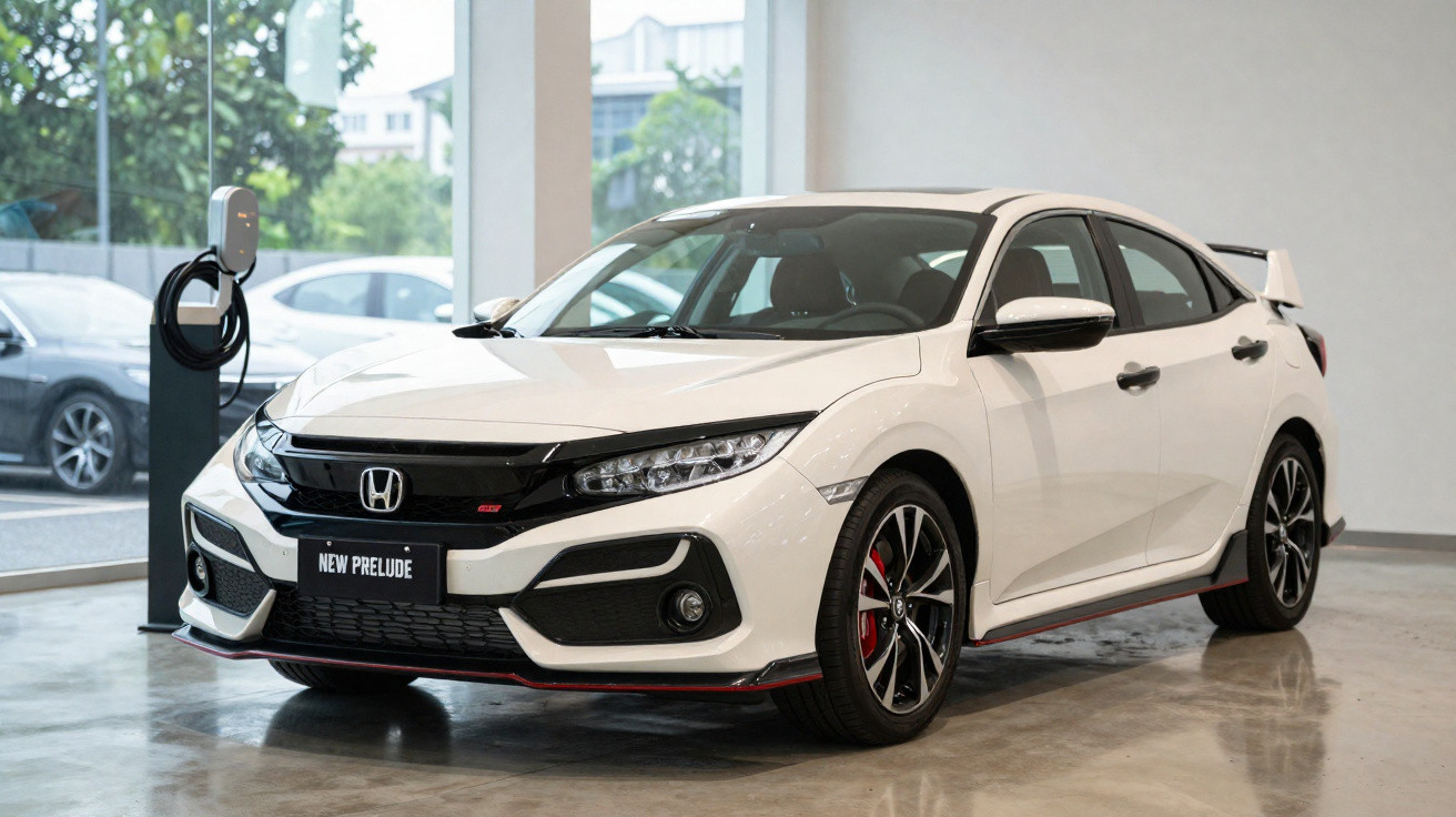 Voiture Honda Civic Type R blanche garée dans un showroom avec une borne de recharge électrique à côté.