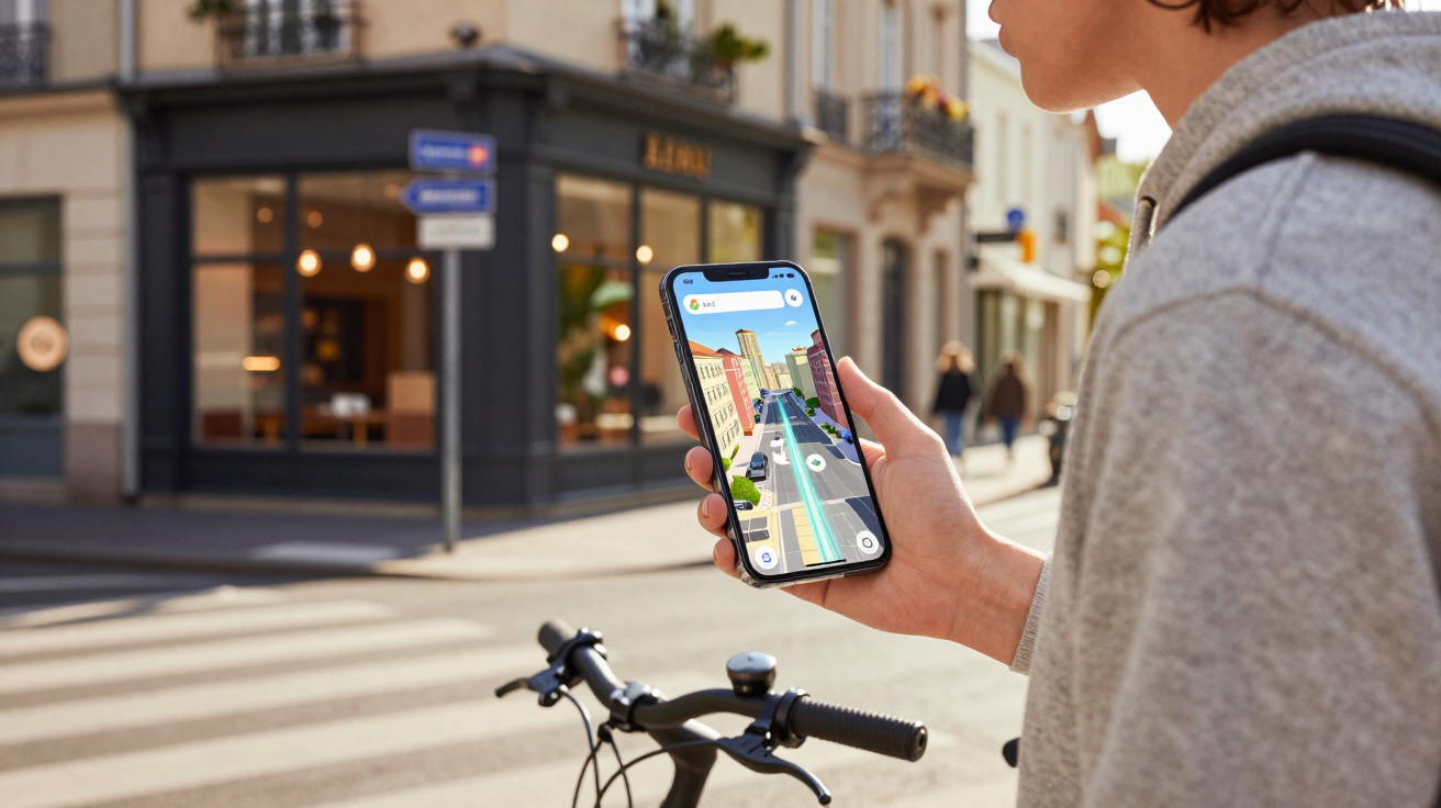 Personne tenant un smartphone avec application de navigation, vélo stationné en ville devant un passage piéton.