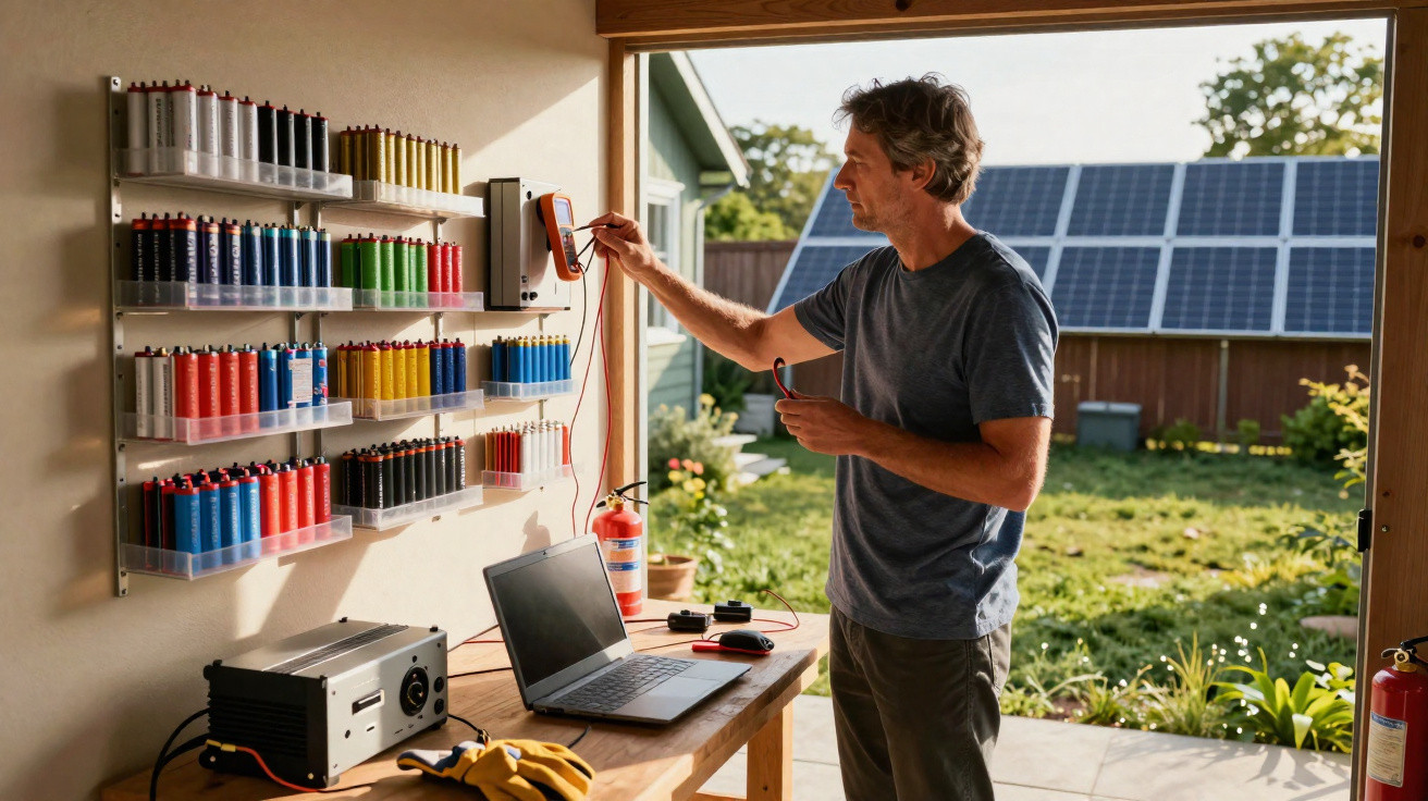 Homme travaillant dans un atelier, testant un dispositif électrique avec des batteries et un ordinateur portable près d'une m