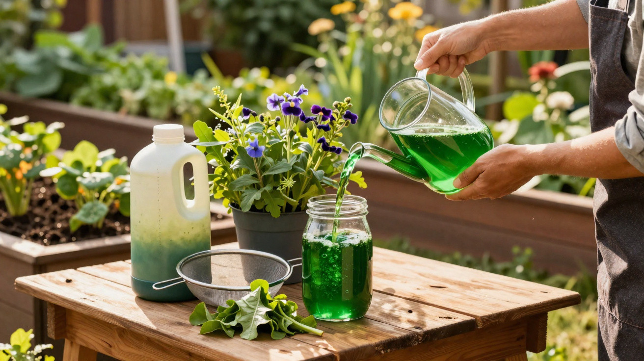 Personne versant un liquide vert depuis un arrosoir dans un bocal sur une table en bois au jardin.