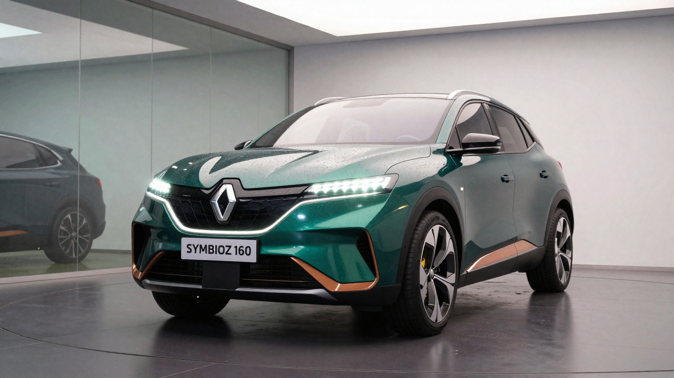 Vue avant d'un SUV électrique Renault Symbioz 160 vert exposé dans une salle blanche avec sol gris.