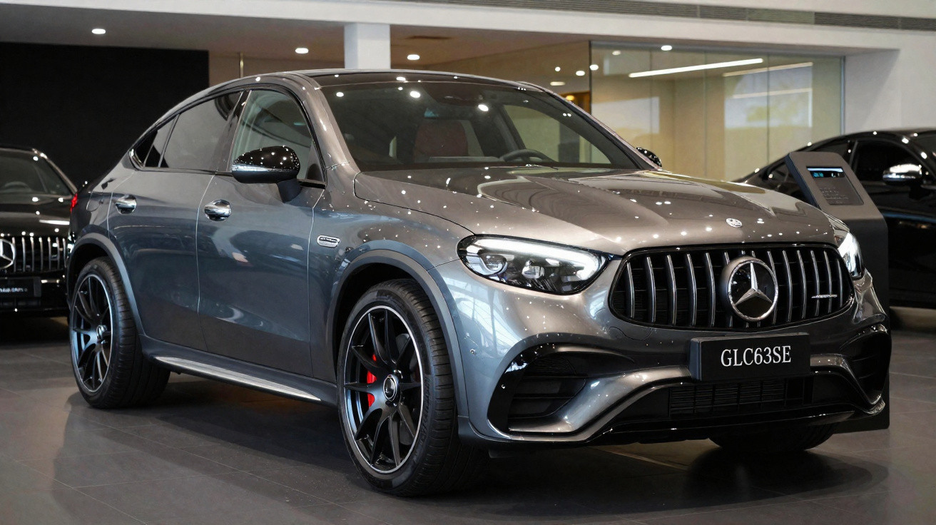SUV Mercedes-Benz GLC63SE gris métallisé exposé en intérieur avec jantes noires et détails sportifs rouges.