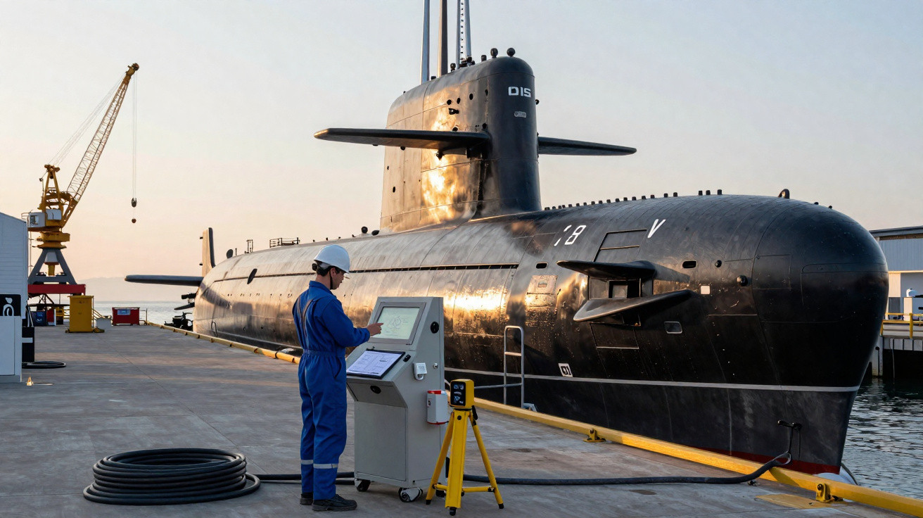 Technicien en tenue bleue vérifiant un équipement près d'un sous-marin noir à quai au coucher du soleil.