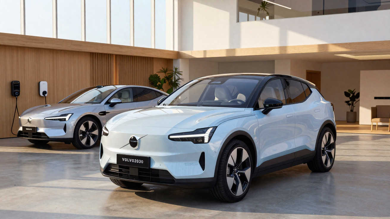 Deux voitures électriques Volvo blanches modernes stationnées dans un garage minimaliste et lumineux.