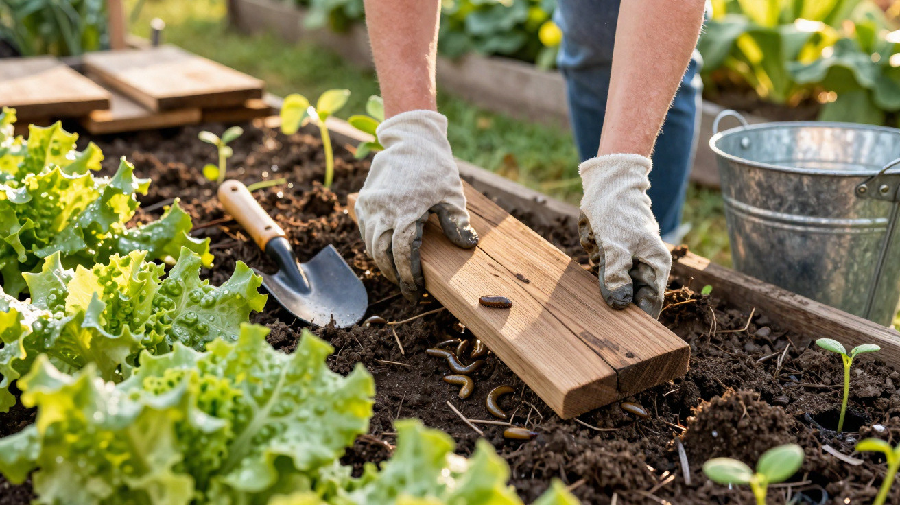 Personne en gants plaçant une planche en bois dans un potager avec outils et vers de terre visibles.