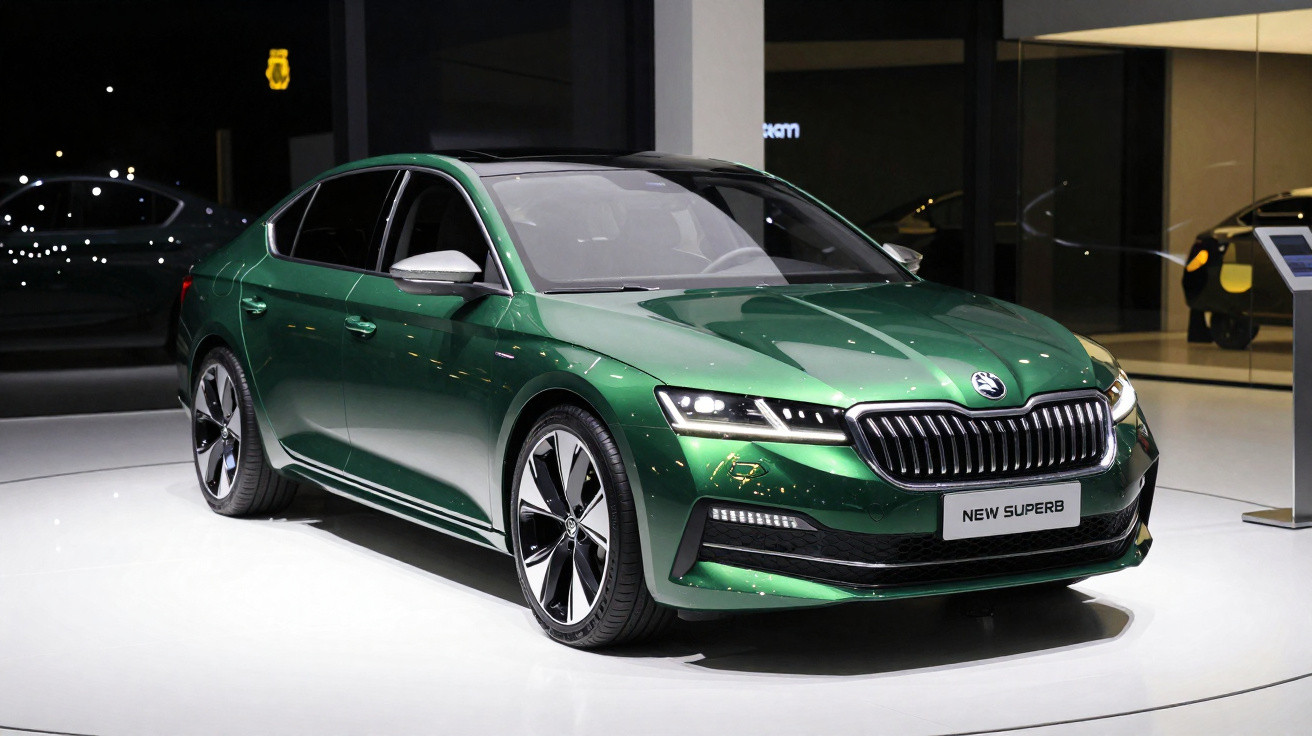 Voiture berline Skoda New Superb verte exposée dans un showroom moderne avec éclairage intense.