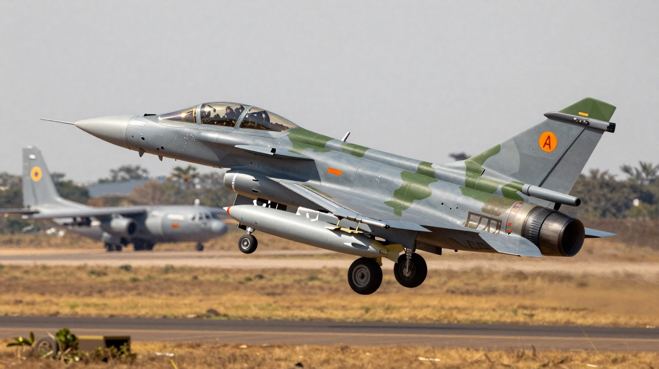 Avion de chasse camouflage vert et gris décollant d’une piste avec un avion cargo en arrière-plan.