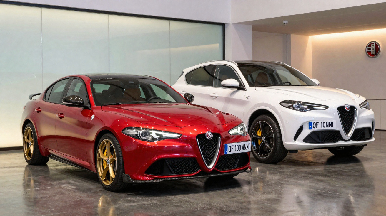 Deux voitures Alfa Romeo neuves, une berline rouge avec jantes dorées et un SUV blanc, exposées en intérieur.
