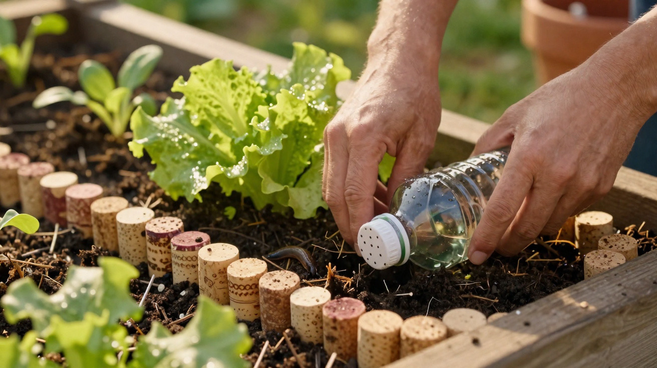 Mains arrosant de jeunes plants dans un potager avec des bouchons de liège décoratifs en terre.