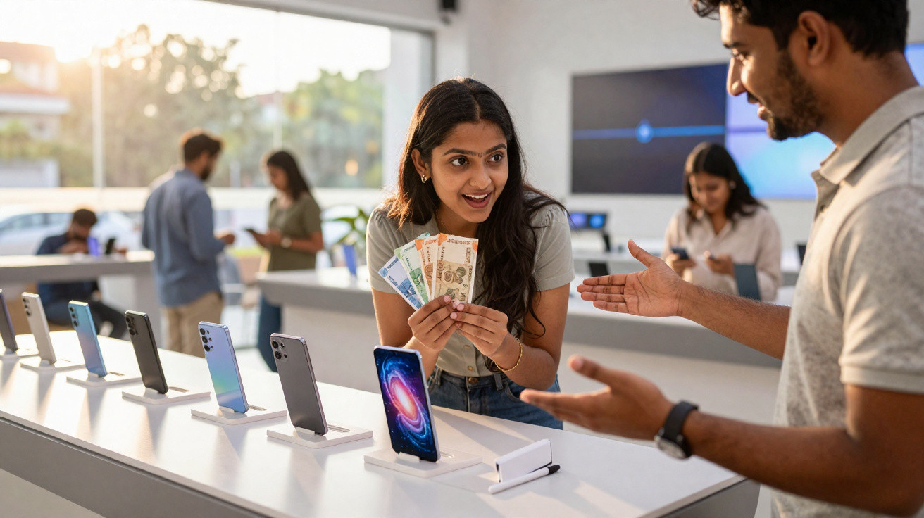 Jeune femme tenant des billets d'argent face à un vendeur dans une boutique de téléphones mobiles modernes.