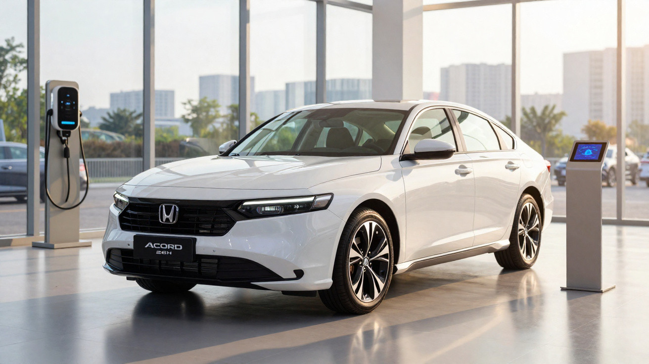 Voiture blanche Honda Accord 2024 garée à l'intérieur près d'une borne de recharge électrique.