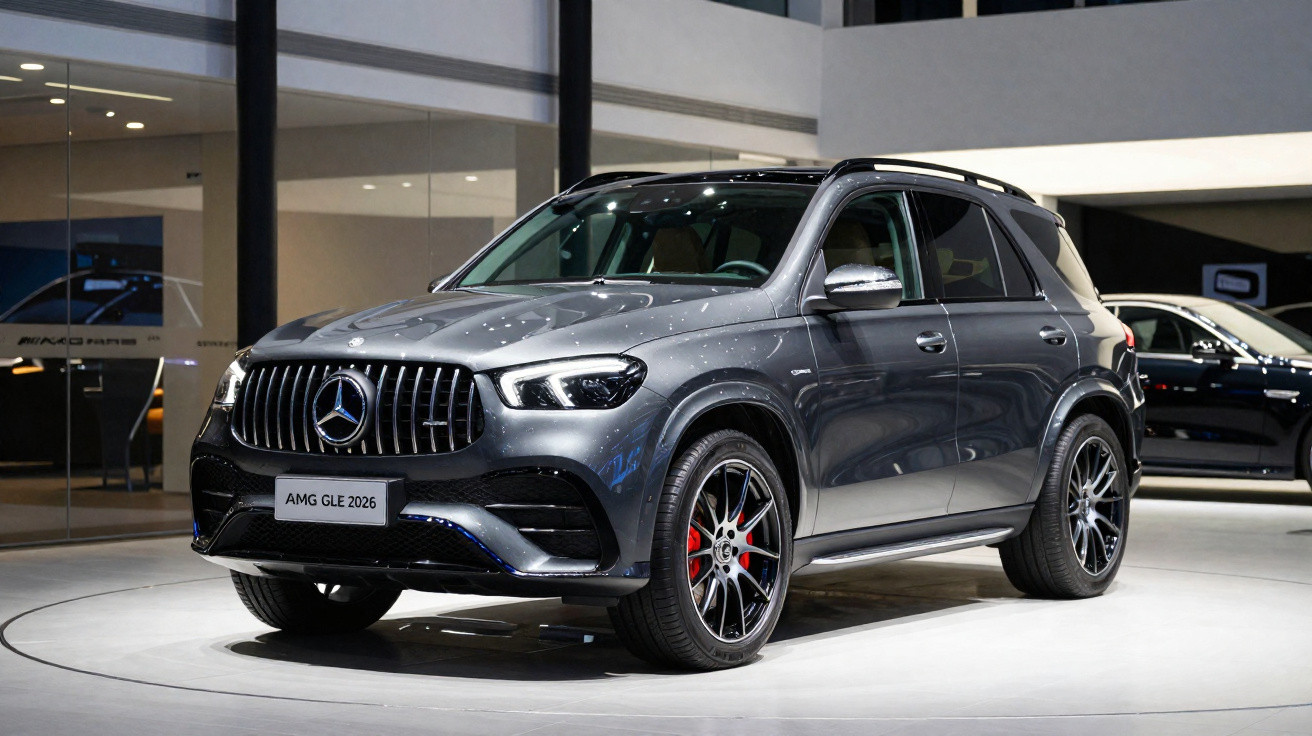 Mercedes AMG GLE 2026 gris métallisé exposée dans un showroom moderne sur un sol blanc.