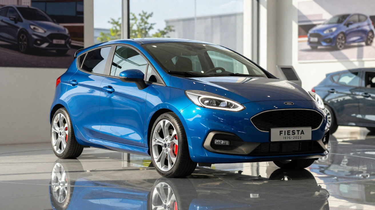 Voiture Ford Fiesta bleue exposée dans un showroom moderne avec sols réfléchissants.