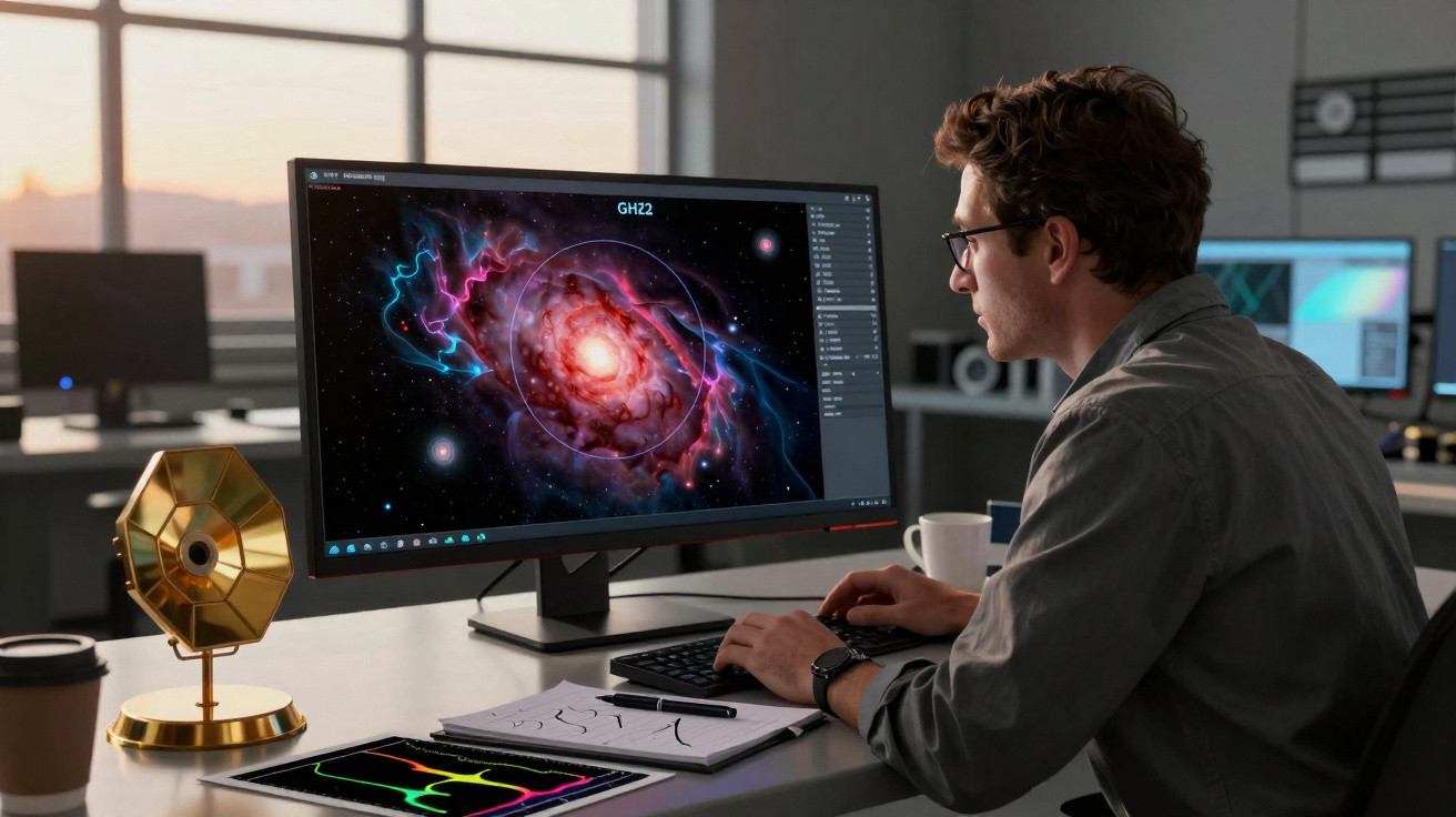 Homme travaillant sur un ordinateur avec une image colorée d'une galaxie spatiale affichée à l'écran.